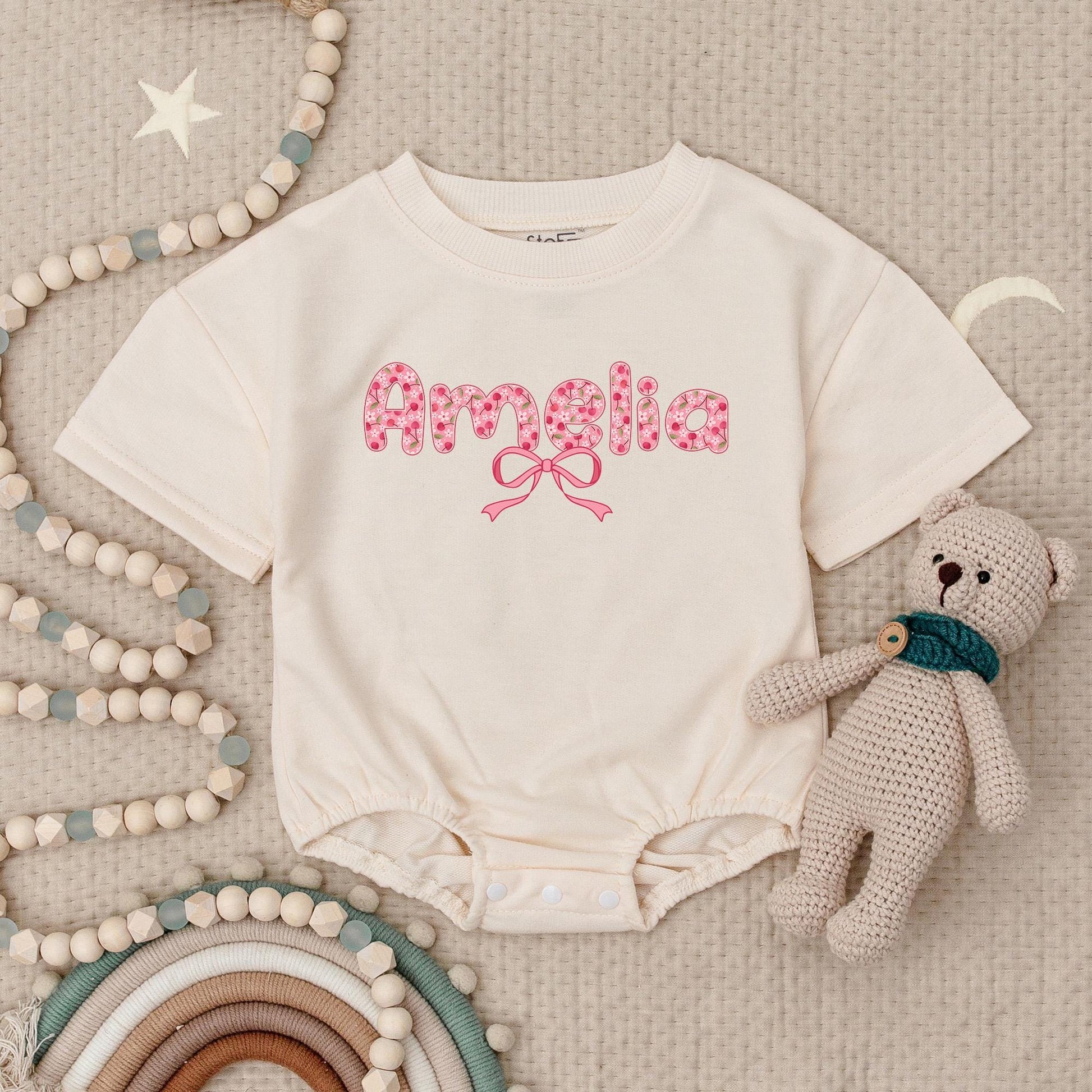 Amelia's Cherries & Bows Baby Romper, Personalized Pink Floral Girl Outfit, Cute First Birthday Bodysuit, Short Sleeve Summer Clothing 138 Chars