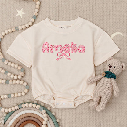 Amelia's Cherries & Bows Baby Romper, Personalized Pink Floral Girl Outfit, Cute First Birthday Bodysuit, Short Sleeve Summer Clothing 138 Chars