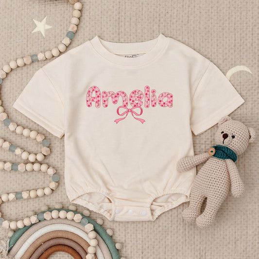 Amelia's Cherries & Bows Baby Romper, Personalized Pink Floral Girl Outfit, Cute First Birthday Bodysuit, Short Sleeve Summer Clothing 138 Chars