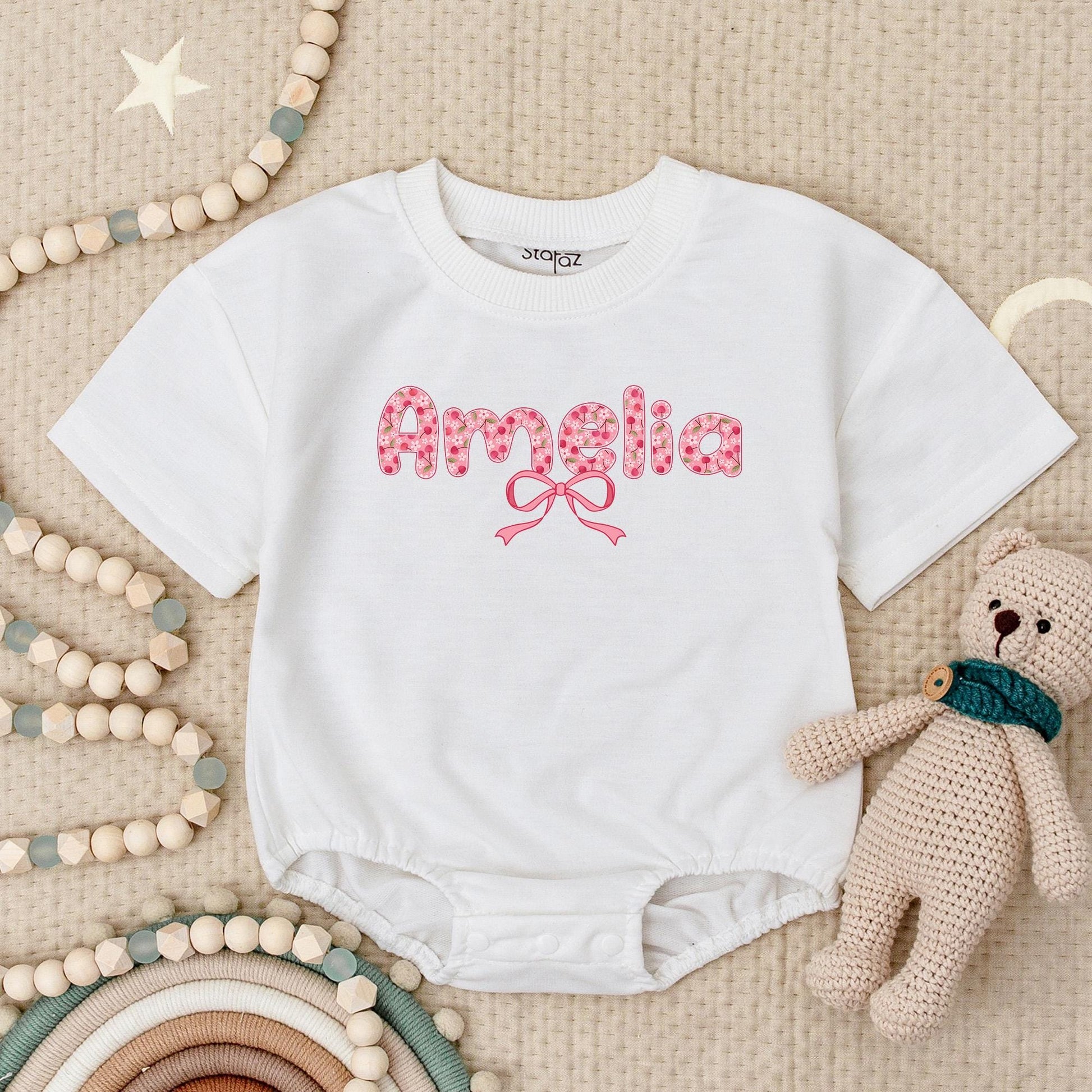 Amelia's Cherries & Bows Baby Romper, Personalized Pink Floral Girl Outfit, Cute First Birthday Bodysuit, Short Sleeve Summer Clothing 138 Chars