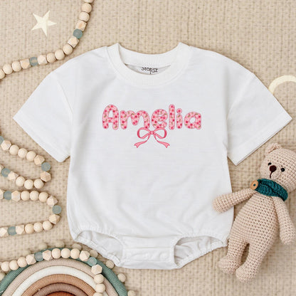 Amelia's Cherries & Bows Baby Romper, Personalized Pink Floral Girl Outfit, Cute First Birthday Bodysuit, Short Sleeve Summer Clothing 138 Chars