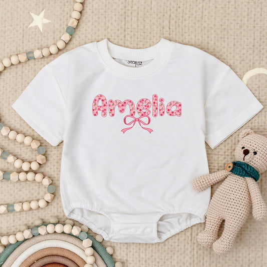 Amelia's Cherries & Bows Baby Romper, Personalized Pink Floral Girl Outfit, Cute First Birthday Bodysuit, Short Sleeve Summer Clothing 138 Chars
