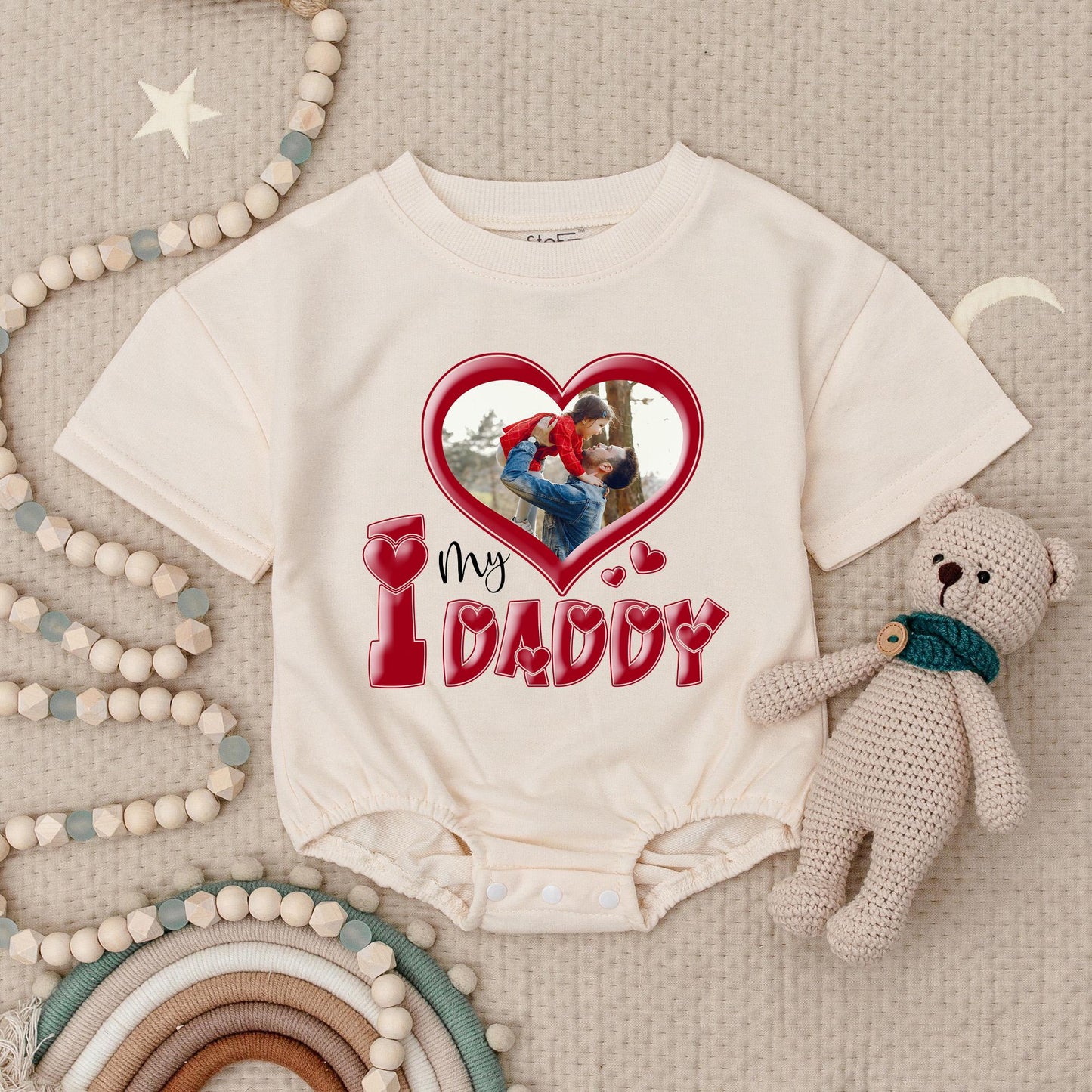 Custom Photo "I Love My Daddy" Baby Romper, Personalized Dad & Child Picture Bodysuit, Heart Frame Kids Apparel, Newborn Gift, Your Photo Here, Soft Cotton (137 chars)