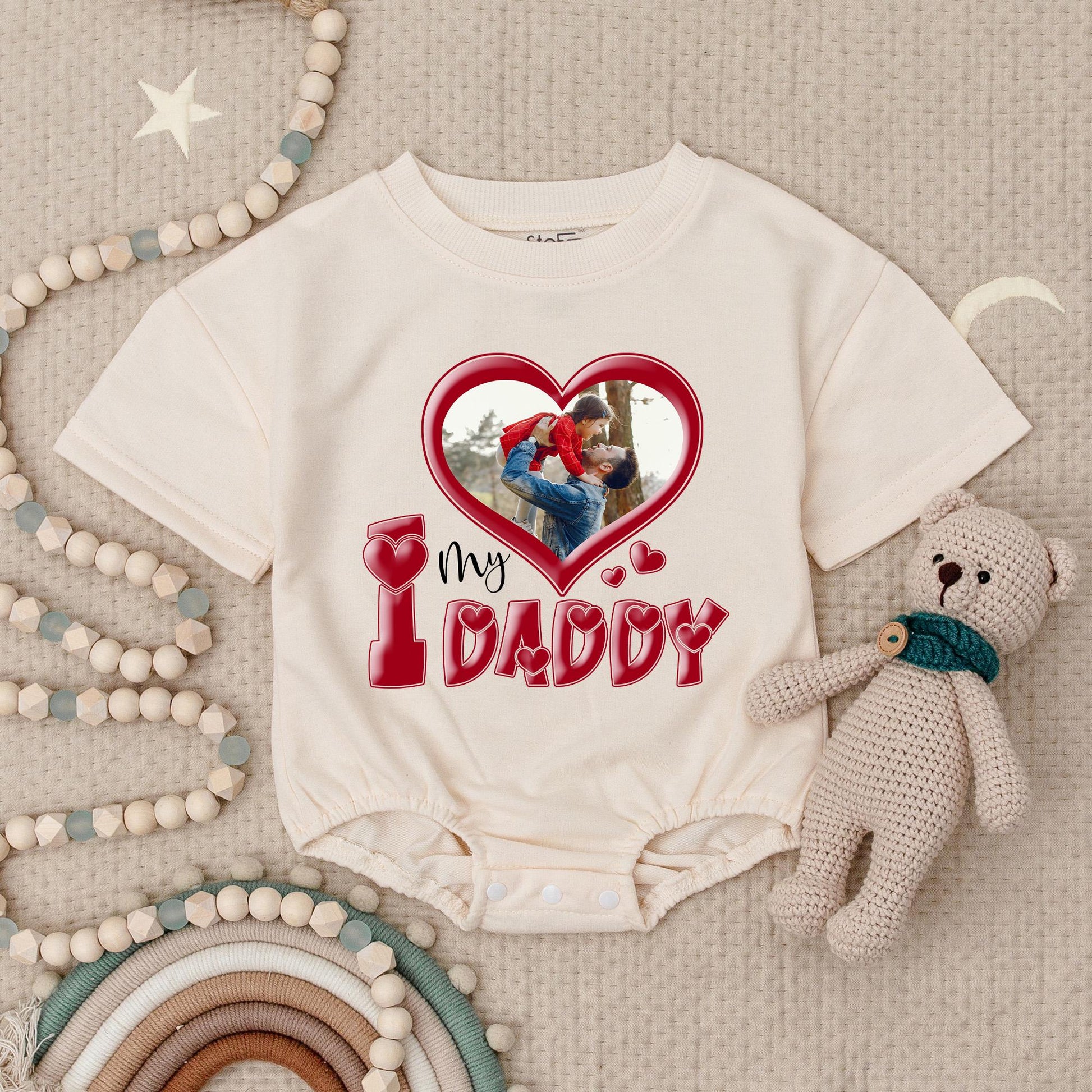 Custom Photo "I Love My Daddy" Baby Romper, Personalized Dad & Child Picture Bodysuit, Heart Frame Kids Apparel, Newborn Gift, Your Photo Here, Soft Cotton (137 chars)