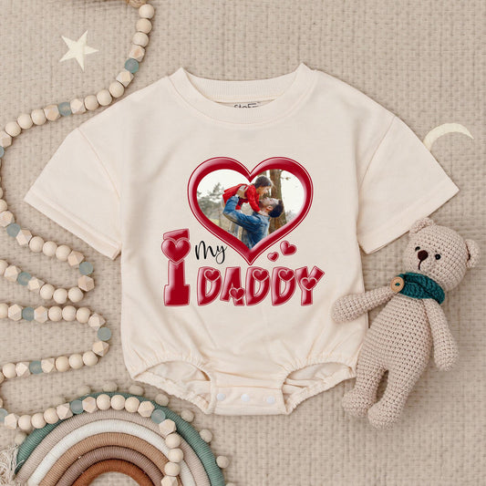 Custom Photo "I Love My Daddy" Baby Romper, Personalized Dad & Child Picture Bodysuit, Heart Frame Kids Apparel, Newborn Gift, Your Photo Here, Soft Cotton (137 chars)