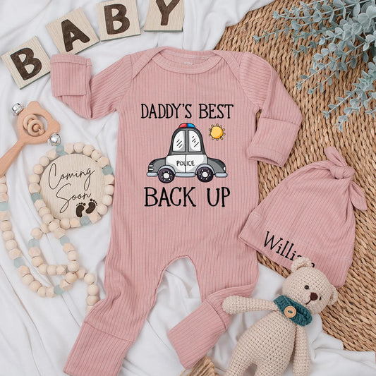 Daddy's Best Backup Police Baby Bodysuit - Future Cop Ribbed Romper, Cute New Dad Gift, Police Baby Boy Outfit, Coming Home Outfit, Soft Cotton Blend (138 chars)