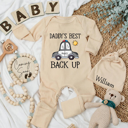 Daddy's Best Backup Police Baby Bodysuit - Future Cop Ribbed Romper, Cute New Dad Gift, Police Baby Boy Outfit, Coming Home Outfit, Soft Cotton Blend (138 chars)