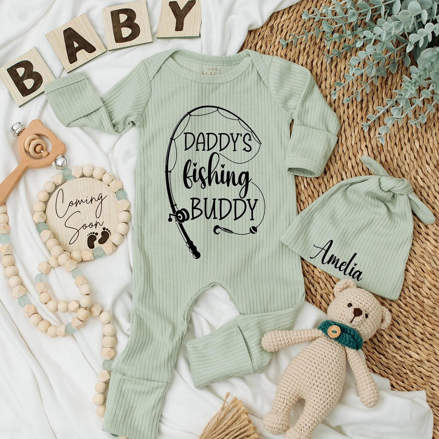Daddy's Fishing Buddy Bodysuit Ribbed Newborn Outfit Cute Angler Romper New Fisherman Dad Gift Baby Boy Girl Clothes Soft Cotton Outdoor Adventure 136