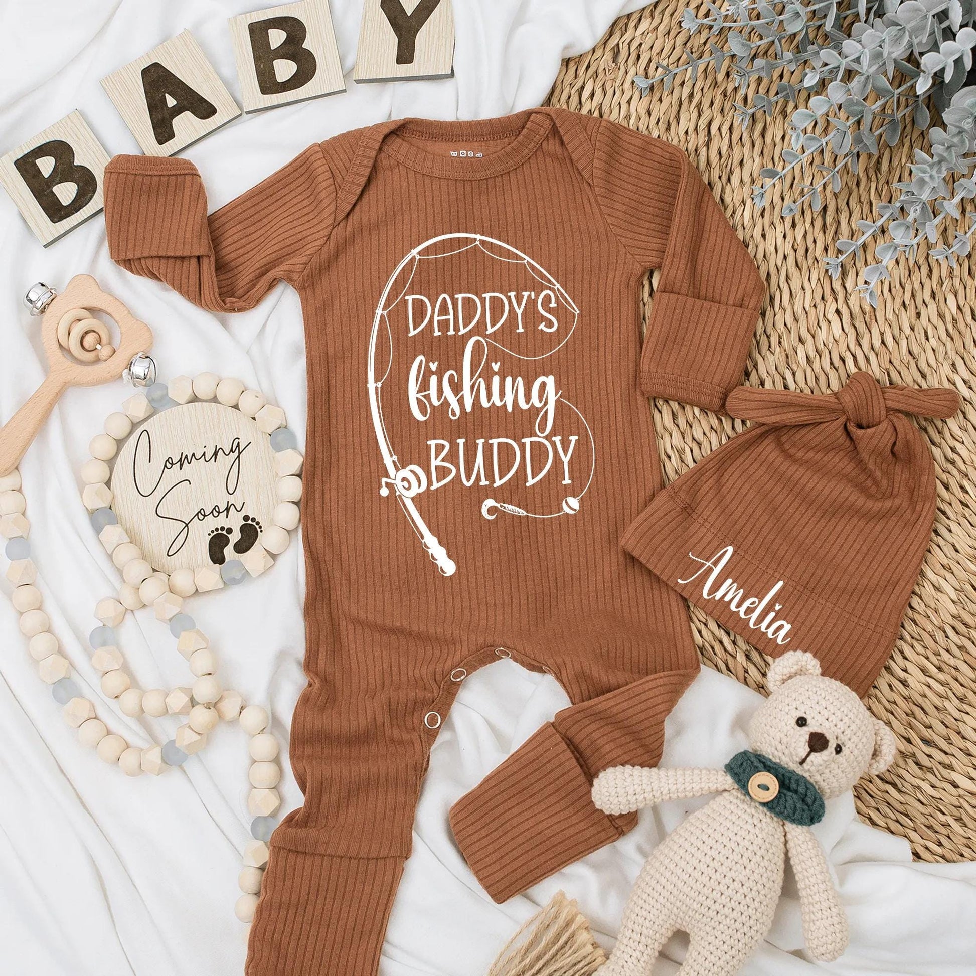 Daddy's Fishing Buddy Bodysuit Ribbed Newborn Outfit Cute Angler Romper New Fisherman Dad Gift Baby Boy Girl Clothes Soft Cotton Outdoor Adventure 136