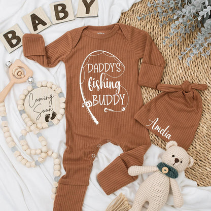 Daddy's Fishing Buddy Bodysuit Ribbed Newborn Outfit Cute Angler Romper New Fisherman Dad Gift Baby Boy Girl Clothes Soft Cotton Outdoor Adventure 136