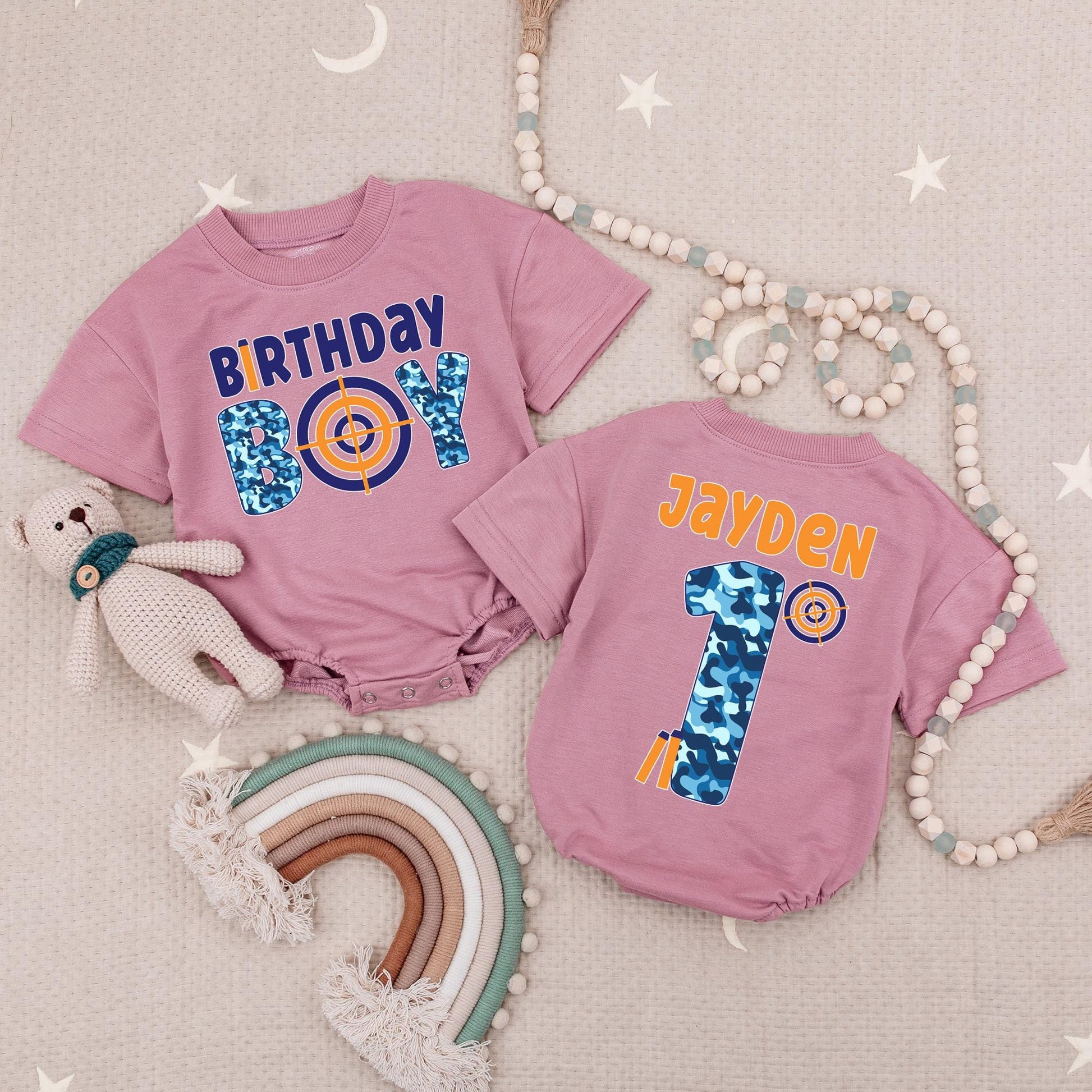 Personalized Birthday Boy Dart Gun Romper, Custom Name 1st Birthday Outfit, Blue Camo Target First Birthday Babysuit, Soft Cotton, Fun Party 135 chars