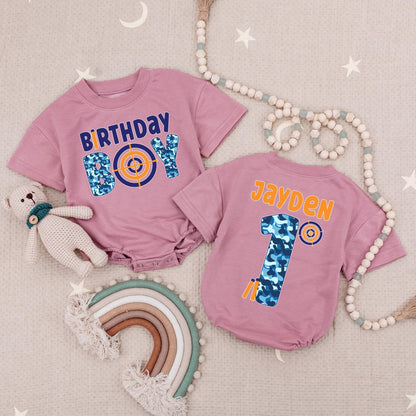 Personalized Birthday Boy Dart Gun Romper, Custom Name 1st Birthday Outfit, Blue Camo Target First Birthday Babysuit, Soft Cotton, Fun Party 135 chars
