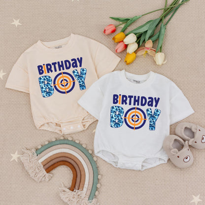 Personalized Birthday Boy Dart Gun Romper, Custom Name 1st Birthday Outfit, Blue Camo Target First Birthday Babysuit, Soft Cotton, Fun Party 135 chars