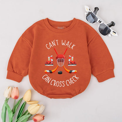 Funny Hockey Baby Shirt: Can't Walk, Can Cross-Check Bodysuit Gift for Hockey Fans Newborn Sports Baby Clothes