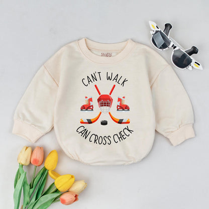 Funny Hockey Baby Shirt: Can't Walk, Can Cross-Check Bodysuit Gift for Hockey Fans Newborn Sports Baby Clothes