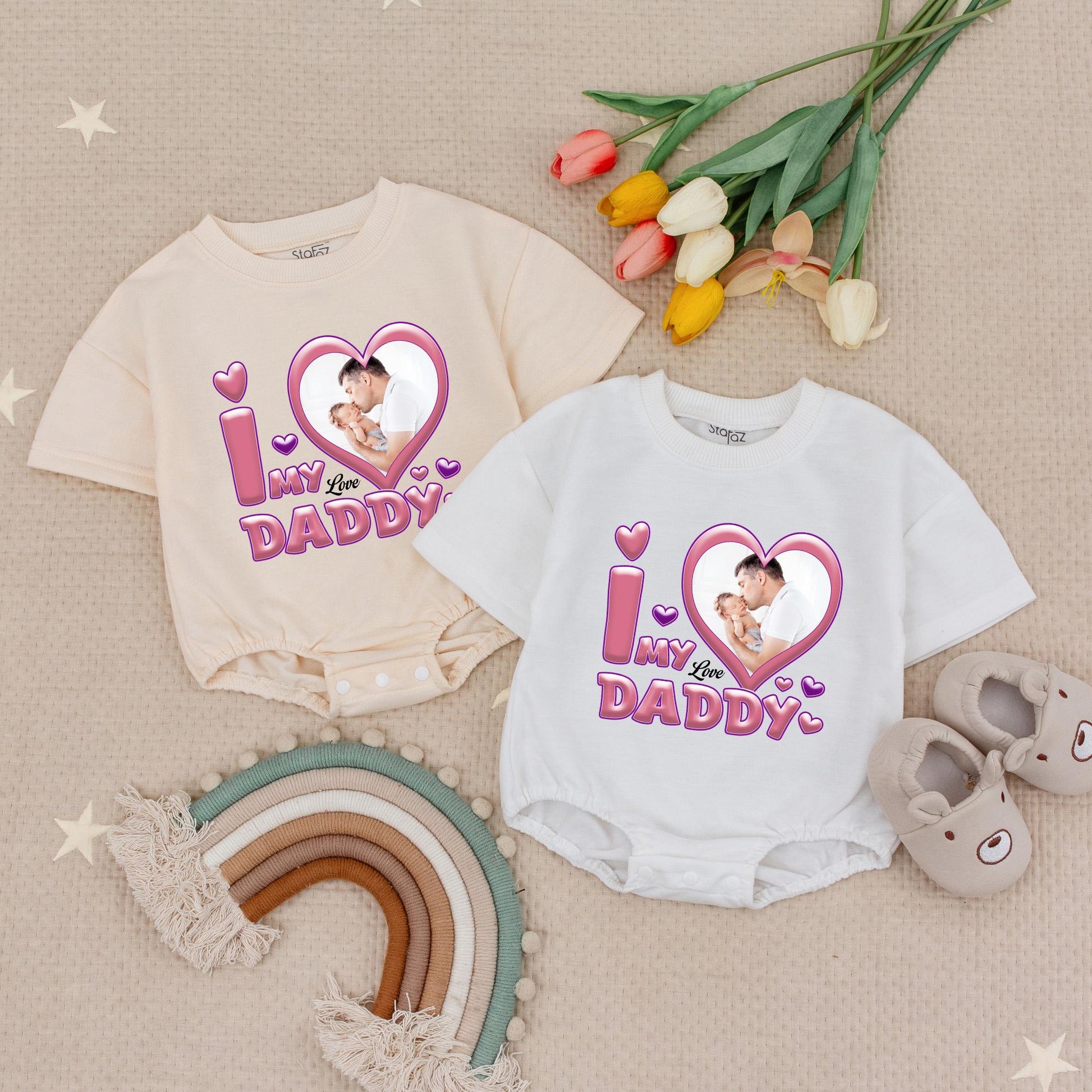 Custom Photo I Love My Daddy Baby Bodysuit, Pink Heart Father's Day Gift, Your Photo Here Infant Romper, Cute Baby Boy Girl Gift