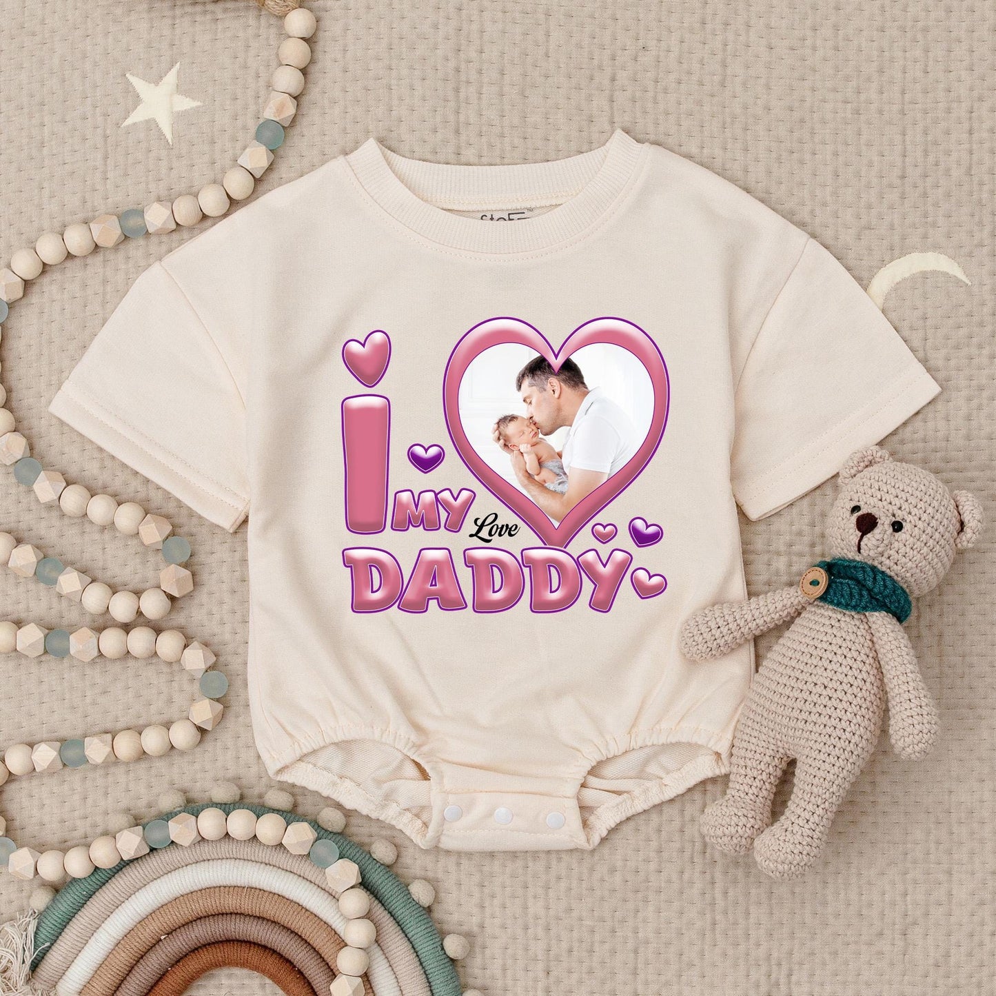 Custom Photo I Love My Daddy Baby Bodysuit, Pink Heart Father's Day Gift, Your Photo Here Infant Romper, Cute Baby Boy Girl Gift
