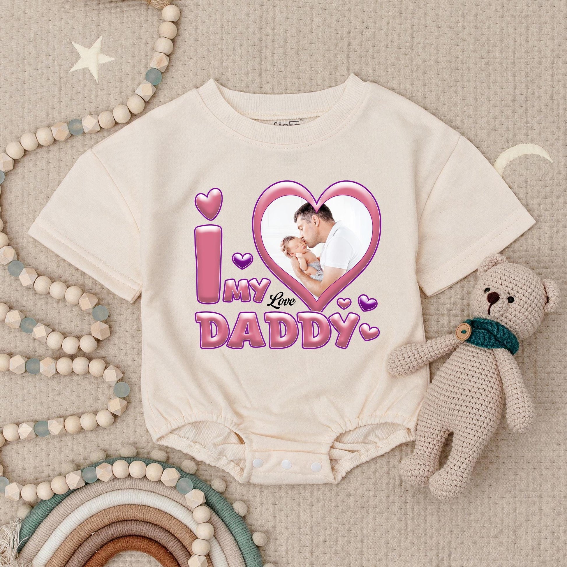 Custom Photo I Love My Daddy Baby Bodysuit, Pink Heart Father's Day Gift, Your Photo Here Infant Romper, Cute Baby Boy Girl Gift