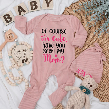 Funny Baby Girl Bodysuit: "Of Course I'm Cute, Have You Seen My Mom?" Newborn Ribbed Romper, Adorable Pink Heart Design, Baby Shower Gift, Coming Home Outfit