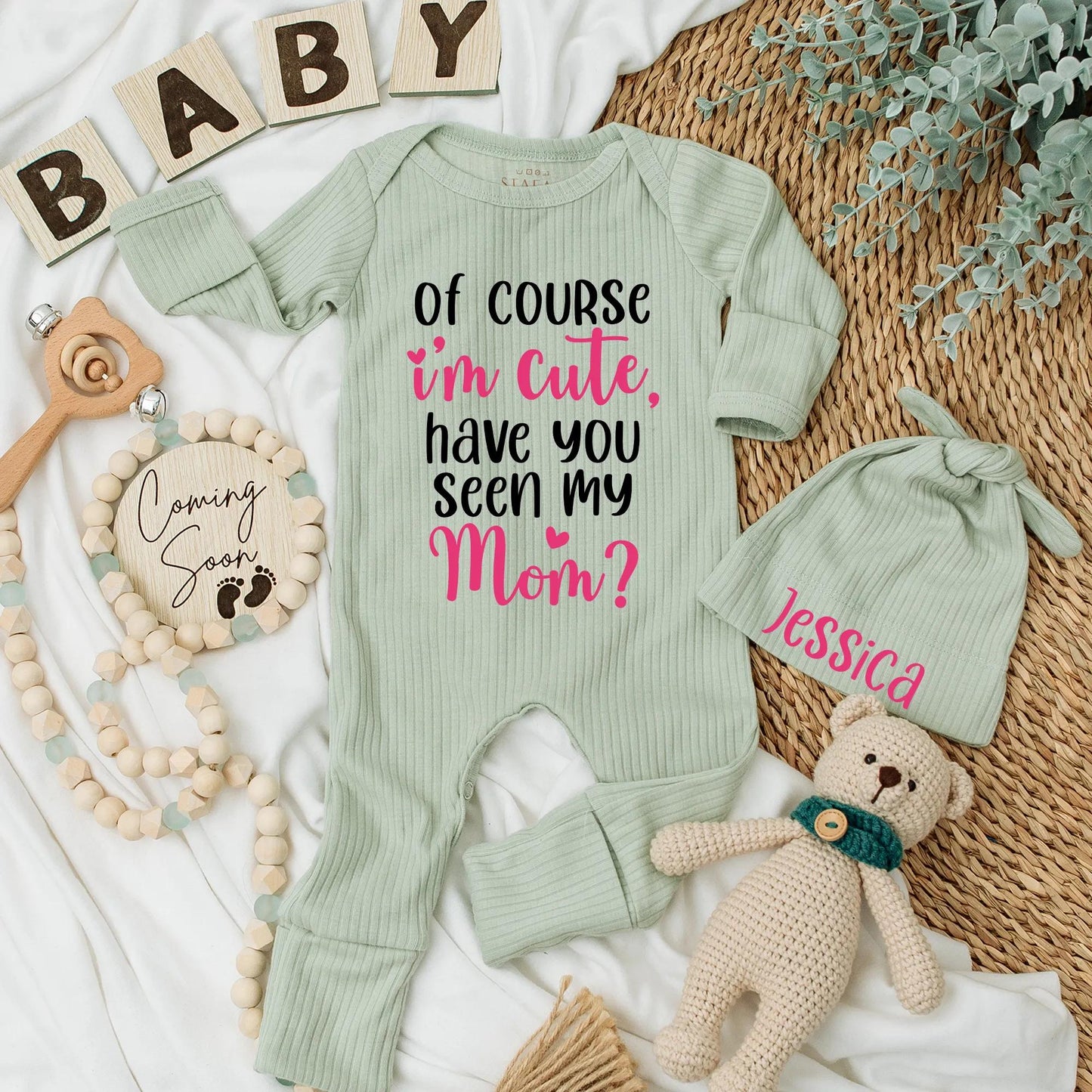 Funny Baby Girl Bodysuit: "Of Course I'm Cute, Have You Seen My Mom?" Newborn Ribbed Romper, Adorable Pink Heart Design, Baby Shower Gift, Coming Home Outfit