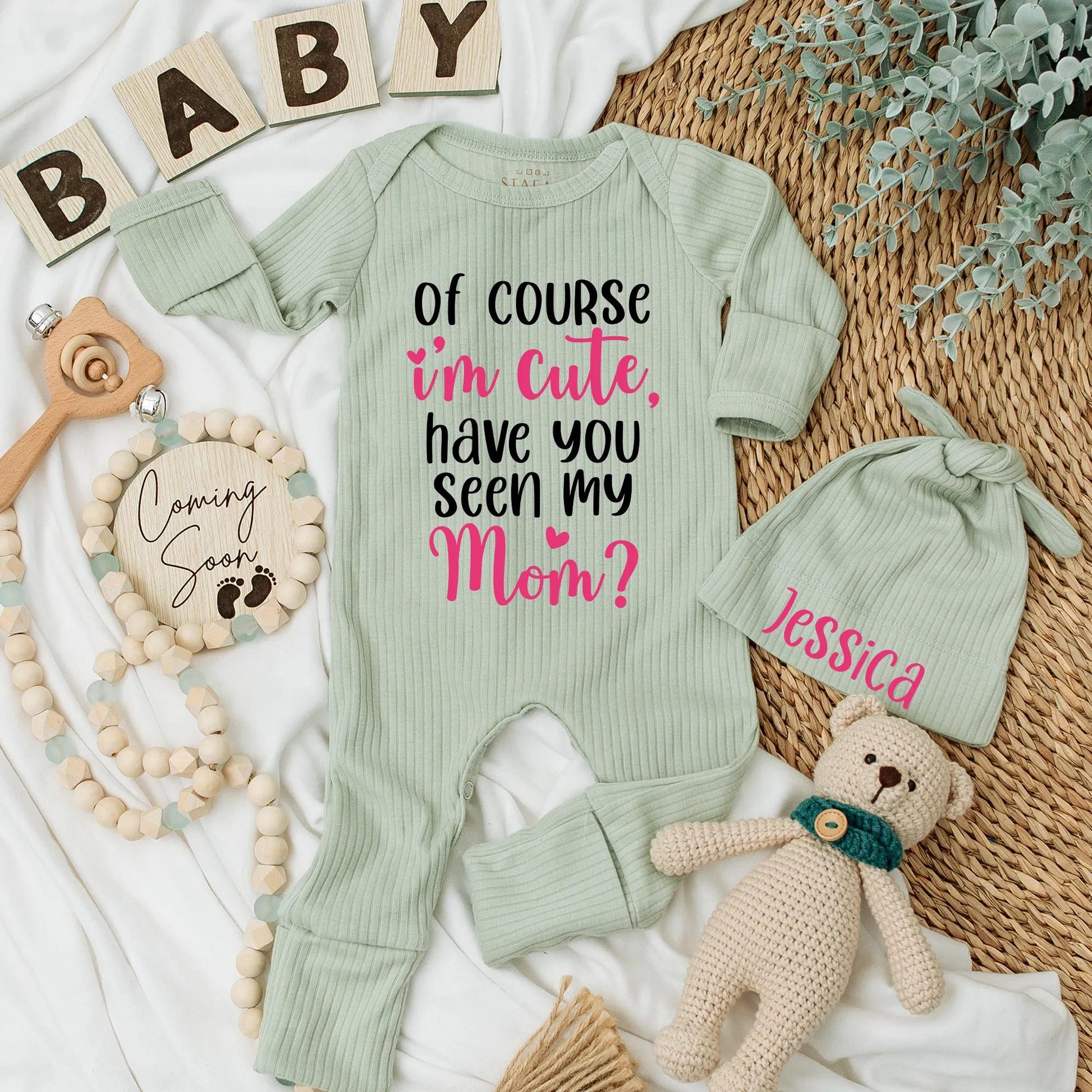 Funny Baby Girl Bodysuit: "Of Course I'm Cute, Have You Seen My Mom?" Newborn Ribbed Romper, Adorable Pink Heart Design, Baby Shower Gift, Coming Home Outfit