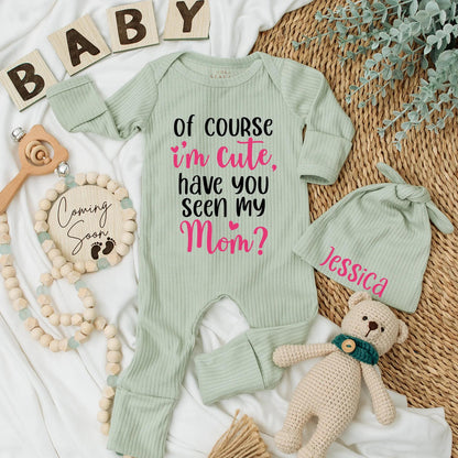 Funny Baby Girl Bodysuit: "Of Course I'm Cute, Have You Seen My Mom?" Newborn Ribbed Romper, Adorable Pink Heart Design, Baby Shower Gift, Coming Home Outfit