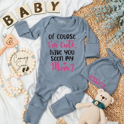 Funny Baby Girl Bodysuit: "Of Course I'm Cute, Have You Seen My Mom?" Newborn Ribbed Romper, Adorable Pink Heart Design, Baby Shower Gift, Coming Home Outfit