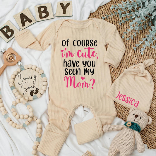 Funny Baby Girl Bodysuit: "Of Course I'm Cute, Have You Seen My Mom?" Newborn Ribbed Romper, Adorable Pink Heart Design, Baby Shower Gift, Coming Home Outfit