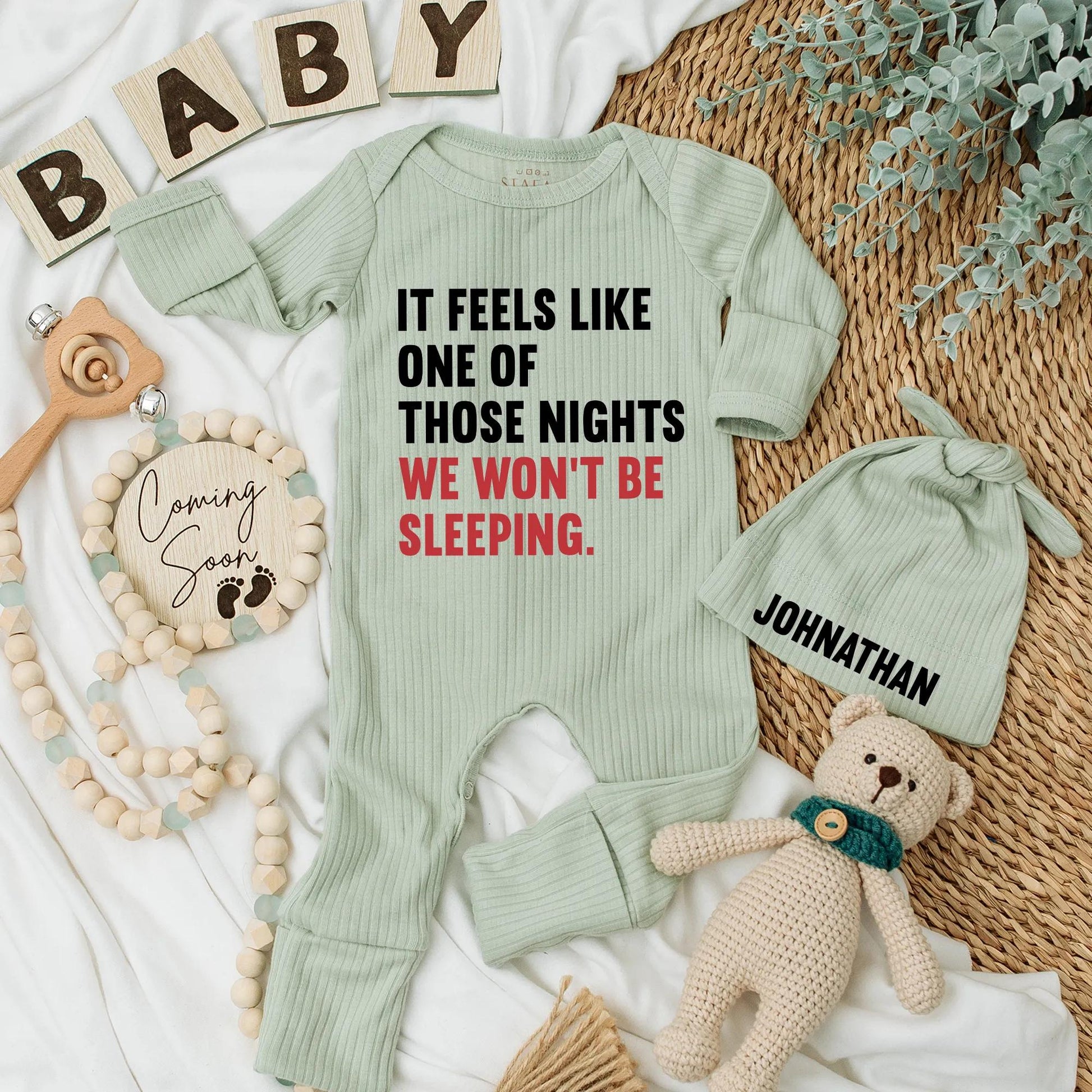IT FEELS LIKE ONE OF THOSE NIGHTS Sleepless Baby Bodysuit, Red 'WE WON'T BE SLEEPING' Quote Romper Gift for New Parents