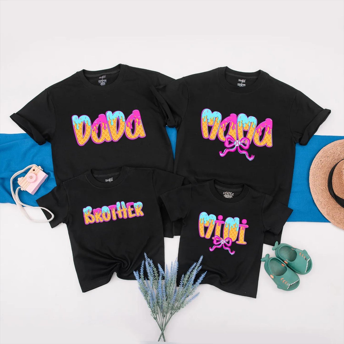Matching Ice Cream Birthday Family Shirts: DADA, MAMA, SISTER, ONE Waffle Cone Design Baby Girl 1st Birthday Outfit Pastel Party Clothes