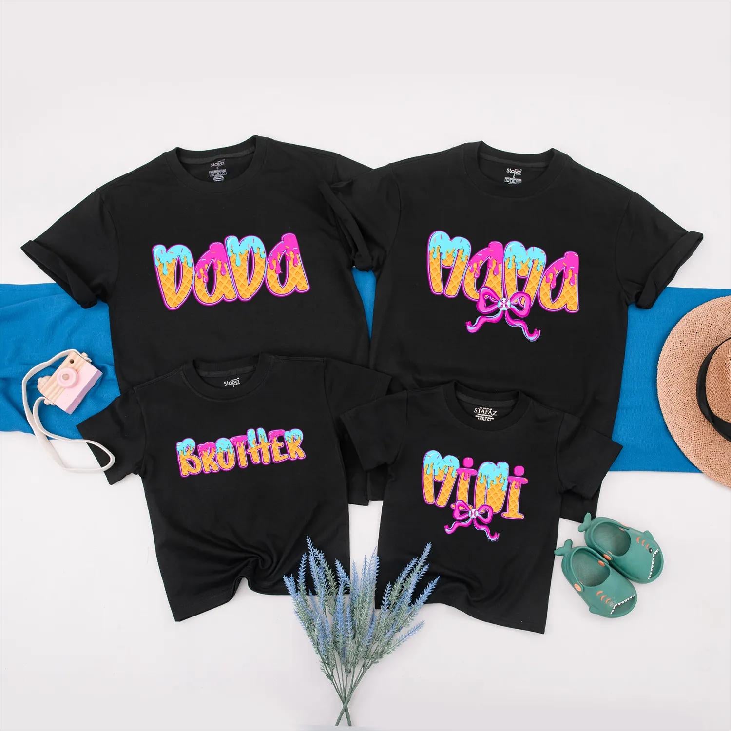 Matching Ice Cream Birthday Family Shirts: DADA, MAMA, SISTER, ONE Waffle Cone Design Baby Girl 1st Birthday Outfit Pastel Party Clothes