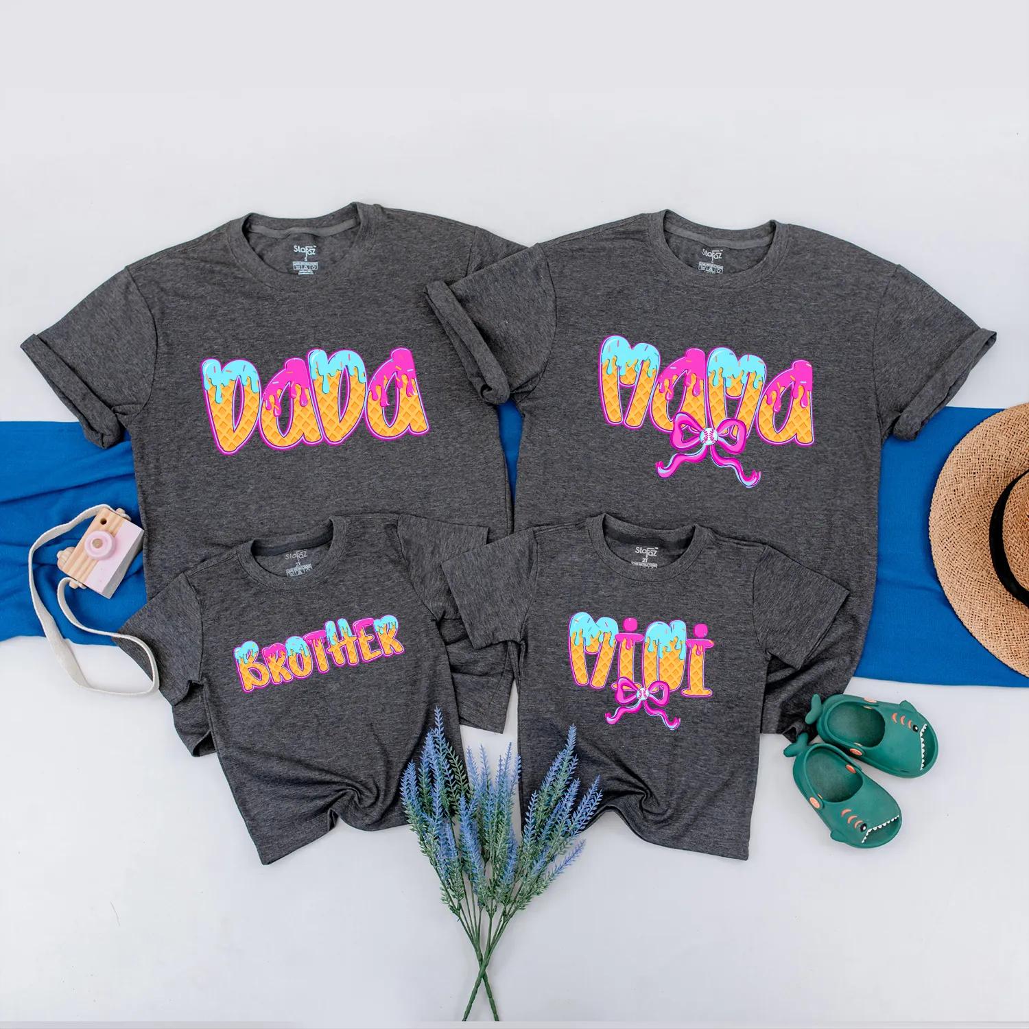 Matching Ice Cream Birthday Family Shirts: DADA, MAMA, SISTER, ONE Waffle Cone Design Baby Girl 1st Birthday Outfit Pastel Party Clothes