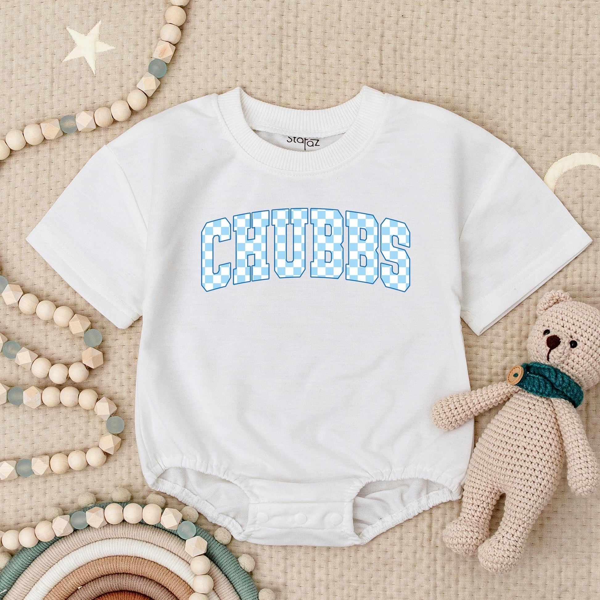 Chubbs Baby Boy Romper Classic Checkerboard Varsity Style First Birthday Outfit Adorable Blue & White Outfit for Little Gents Summer Casual Wear