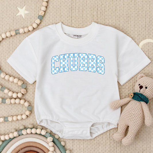 Chubbs Baby Boy Romper Classic Checkerboard Varsity Style First Birthday Outfit Adorable Blue & White Outfit for Little Gents Summer Casual Wear