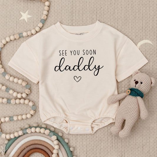 See You Soon Daddy Baby Announcement Romper Pregnancy Reveal Outfit Modern Minimalist Black Print Cotton Soft Newborn Gift