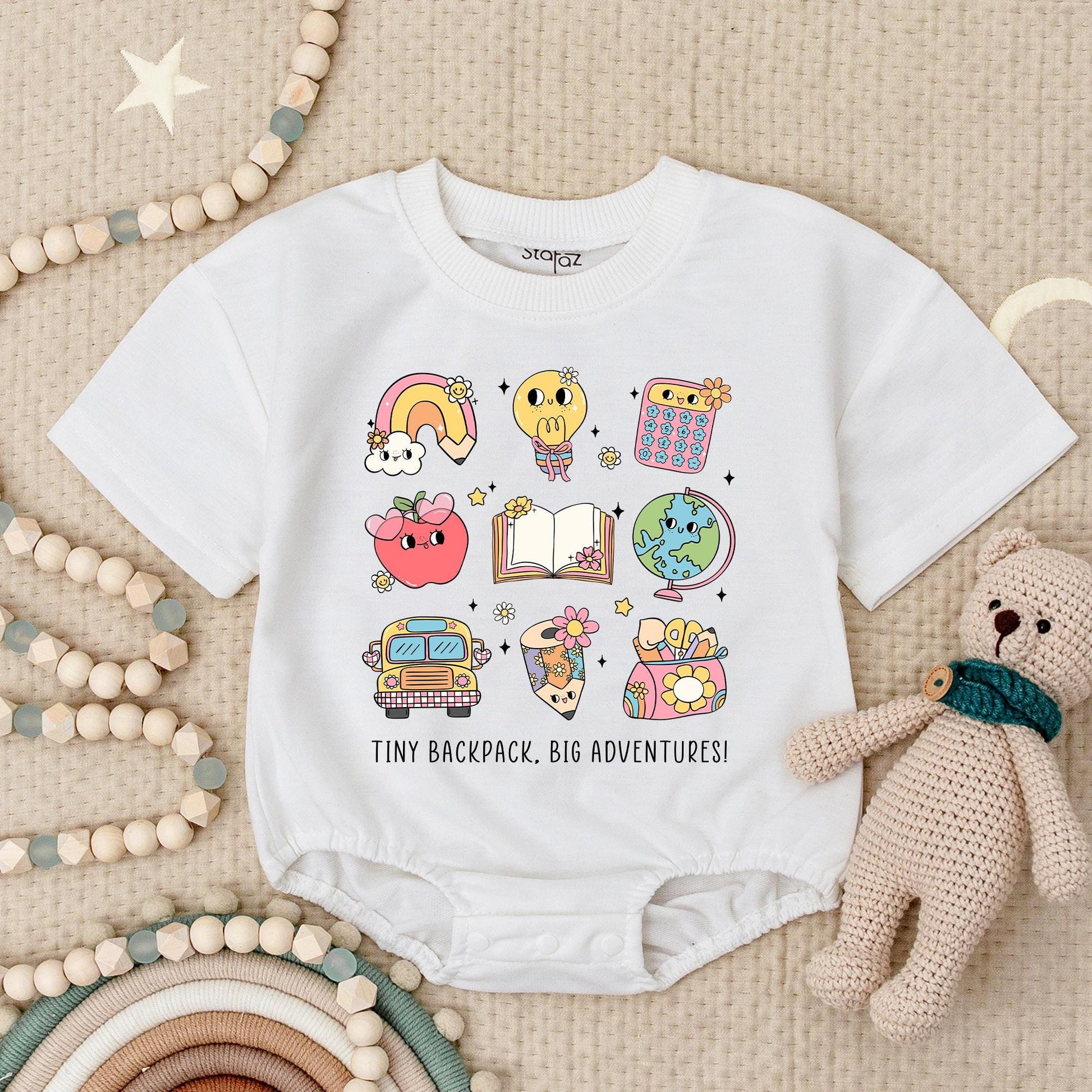 Back to School Adventure Romper: Pastel School Bus, Globe & Apple Print. Cute First Day Outfit for Baby & Toddler, Whimsical Teacher Gift Idea 134 chars
