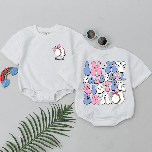 Personalized Baby Girl In My Baseball Sister Era Short Sleeve Bubble Romper Retro Pink Blue Baseball Design Gameday Outfit Gift
