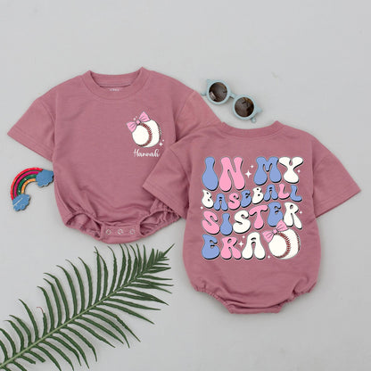 Personalized Baby Girl In My Baseball Sister Era Short Sleeve Bubble Romper Retro Pink Blue Baseball Design Gameday Outfit Gift
