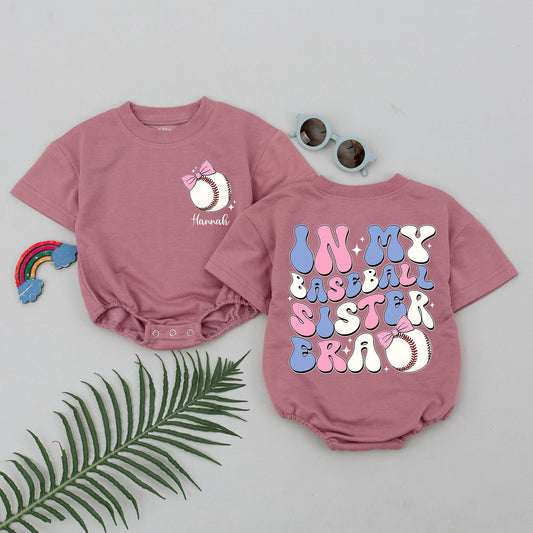 Personalized Baby Girl In My Baseball Sister Era Short Sleeve Bubble Romper Retro Pink Blue Baseball Design Gameday Outfit Gift