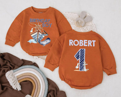 Oneder the Sea Birthday Bubble Romper for Boys Personalized Whale Theme First Birthday Outfit Custom Baby Clothes