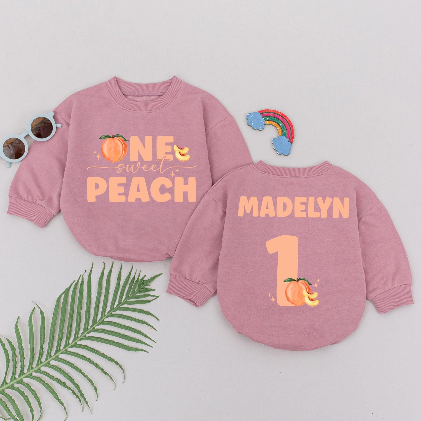 Personalized One Sweet Peach Romper for Girl Madelyn's 1st Birthday Outfit Peach Fruit Theme Baby Shower Gift Newborn Sweet One
