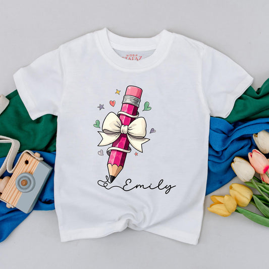 Custom Pencil Name Back to School Shirt for Girls Cute Toddler First Day Outfit Personalized Little Kid School Year T-Shirt