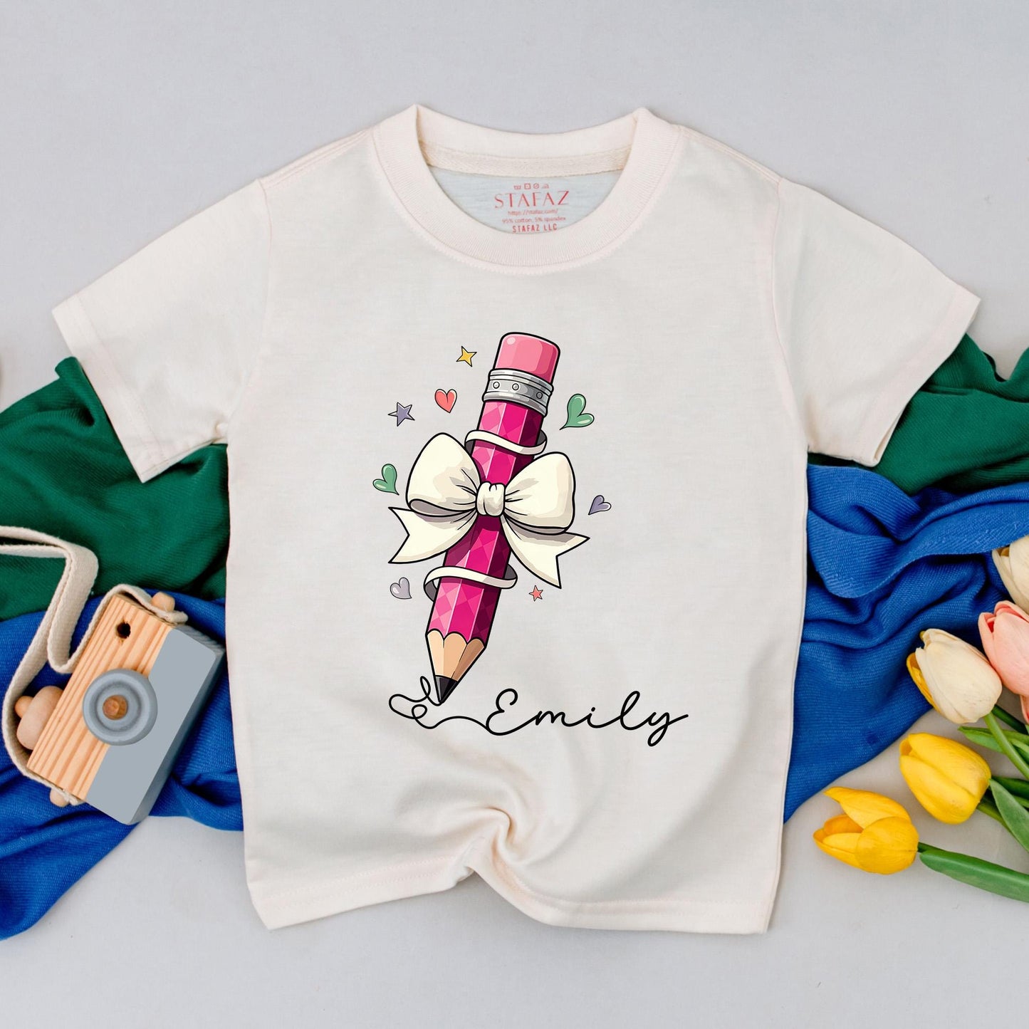 Custom Pencil Name Back to School Shirt for Girls Cute Toddler First Day Outfit Personalized Little Kid School Year T-Shirt