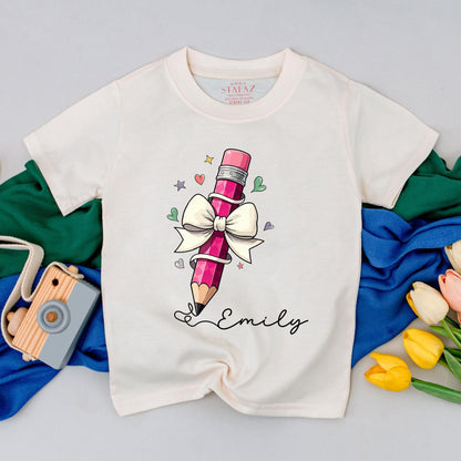 Custom Pencil Name Back to School Shirt for Girls Cute Toddler First Day Outfit Personalized Little Kid School Year T-Shirt