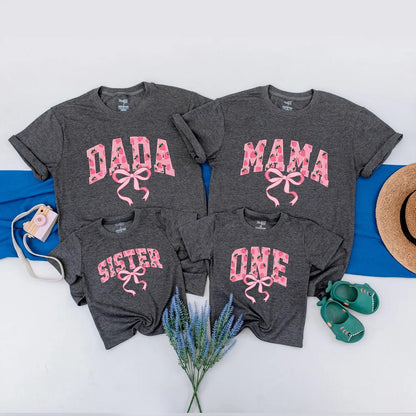 Matching Strawberry Birthday Family Shirts: Dada, Mama, Sister, 1st Birthday Girl Outfit with Pink Bow & Cute Design