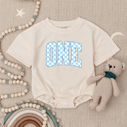 ONE Checkered Light Blue First Birthday Baby Boy Romper Playful Modern Design Outfit Soft Cotton Newborn Celebration Gift Babysuit