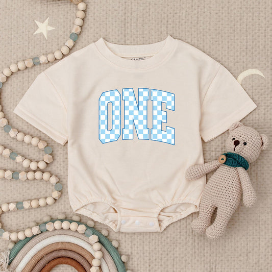 ONE Checkered Light Blue First Birthday Baby Boy Romper Playful Modern Design Outfit Soft Cotton Newborn Celebration Gift Babysuit