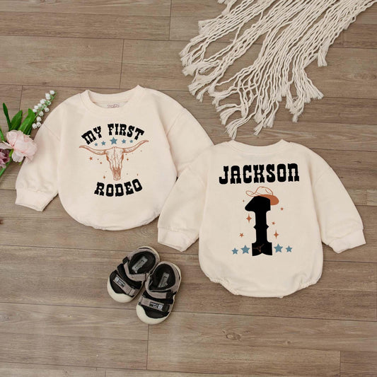 My First Rodeo Cowboy Birthday Shirt Personalized Name on Back Custom Western Outfit for Baby Boy Wild West First Year Bash