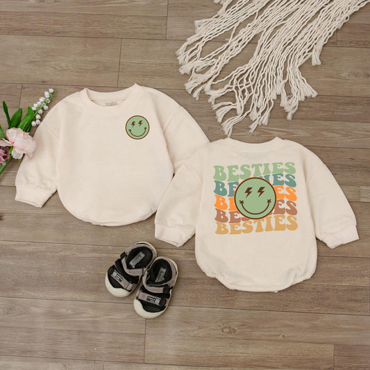 Wavy Besties Retro Smiley Face Baby One Piece Romper Newborn Girl Outfit Best Friend Gift Idea Comfortable Cotton Bubble Bodysuit