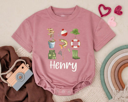 Personalized Baby Boy Fishing Bubble Romper Outdoor Adventure Outfit Custom Father's Day Gift Infant Boy Camping Clothes